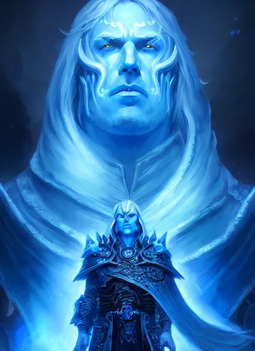 Image similar to portrait of a arthas the lich king, cold, glowing blue spirits, ghosts, intricate, elegant, highly detailed, digital painting, artstation, concept art, smooth, sharp focus, illustration, art by wlop, mars ravelo and greg rutkowski