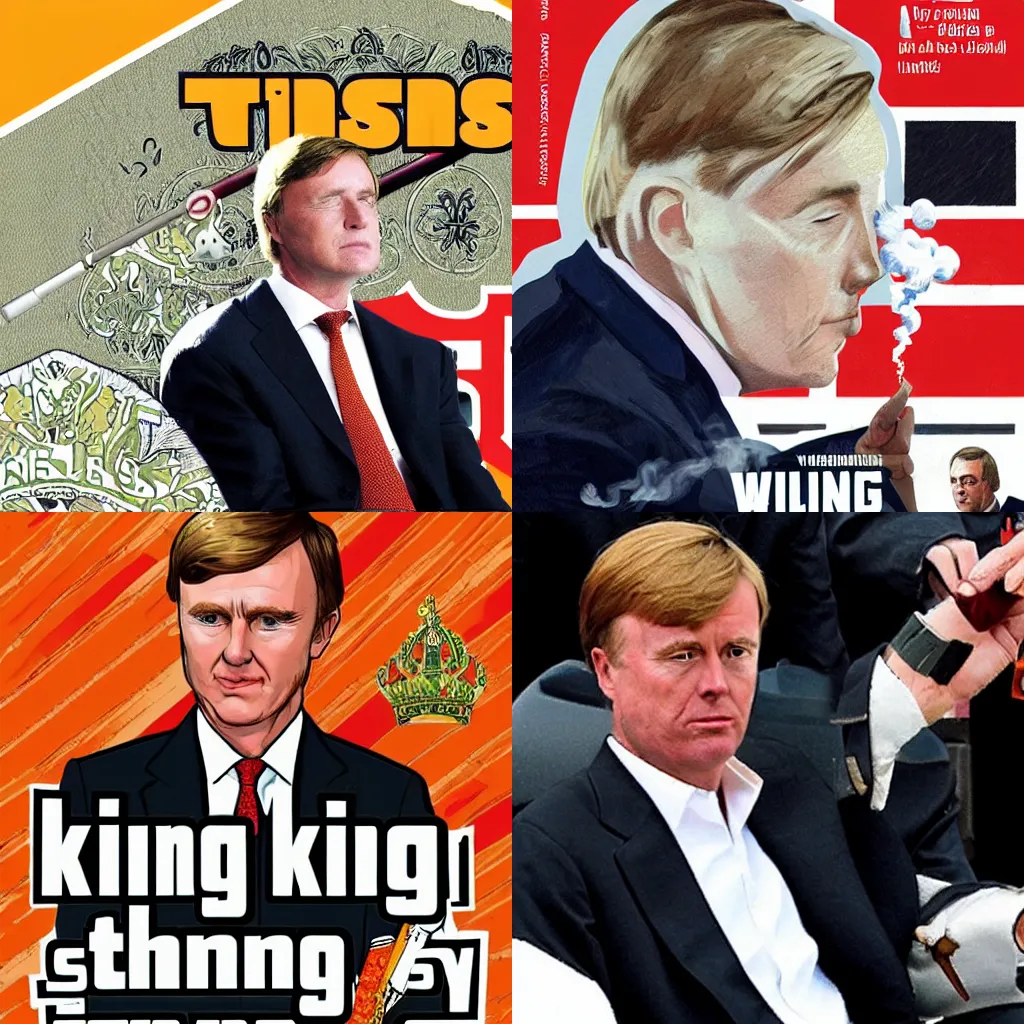 Prompt: King Willem Alexander smoking a joint in the style of a GTA V cover