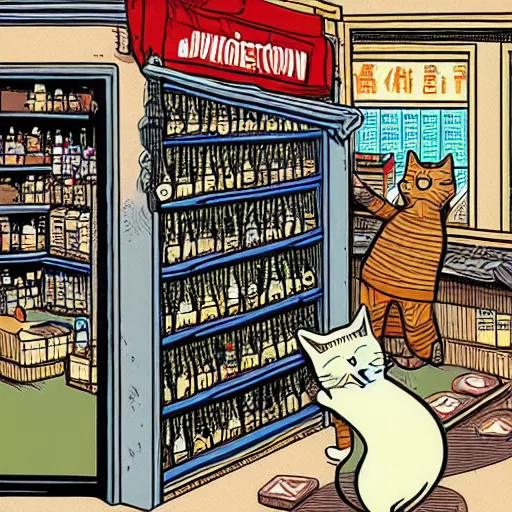 Image similar to detailed intricate colour illustration of a cat robbing a liquor store at gunpoint, comic book style, no speech bubbles, dystopian, dark, akira