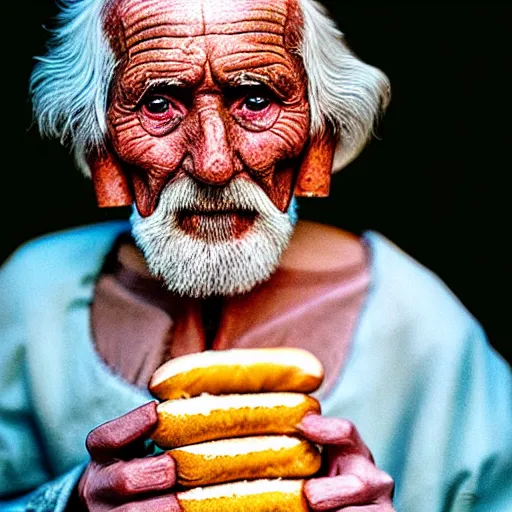 Prompt: Colour Photography of 1000 years old man with highly detailed 1000 years old face, that eating hot-dog in style of Josan Gonzalez