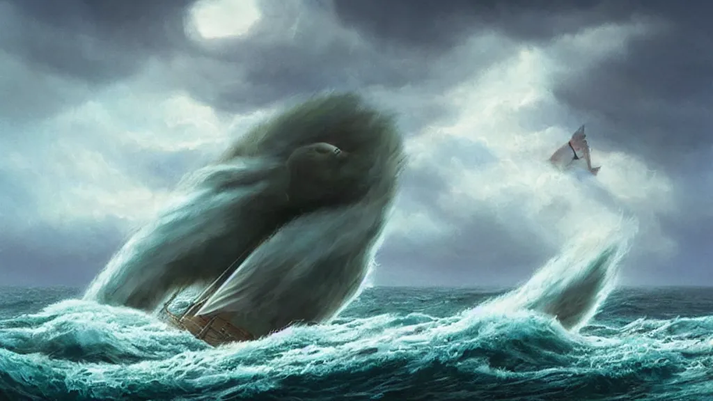 Image similar to a gigantic cat bursting out of a stormy sea attacking a small sail boat, wet fur, giant waves, sunbeams in background, intricate, detailed, volumetric lighting, sharp focus, scenery, photorealism, digital painting, highly detailed, concept art, by roger dean and simon stalenhag and mark brooks