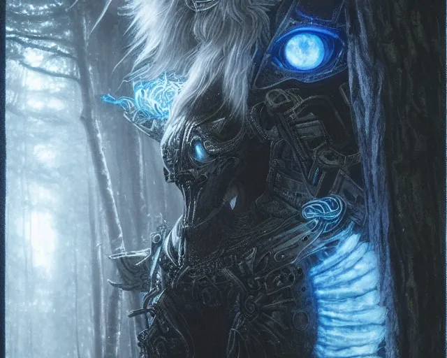 Image similar to 5 5 mm portrait photo of an armored holy wolf angelic with blue glowing eyes and looking at the camera, glowing with holy lights, holy energy, in a magical forest. magical atmosphere. art by greg rutkowski and luis royo. highly detailed 8 k. intricate. lifelike. soft light. nikon d 8 5 0.