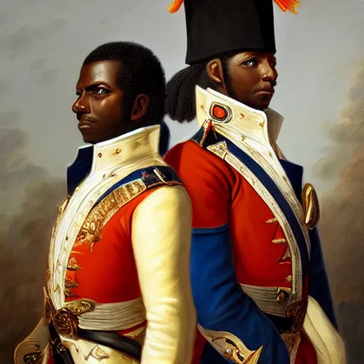 Prompt: portrait of napoloen bonaparte and toussaint l'ouverture standing proudly shoulder to shoulder, painting by rose roosendaal, trending on artstation