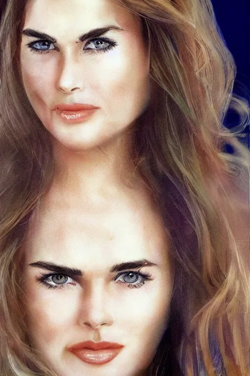 Image similar to mix of beautiful young maria shriver, mariel hemmingway, brooke shields, nicole kidman and elle macpherson as a young bikini model, thin lips, hair tied up in a pony tail, dark blonde hair, colorful, artstation, cgsociety