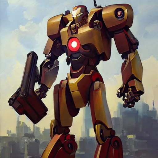 Image similar to greg manchess portrait painting of armed mecha ironman as overwatch character, medium shot, asymmetrical, profile picture, organic painting, sunny day, matte painting, bold shapes, hard edges, street art, trending on artstation, by huang guangjian and gil elvgren and sachin teng