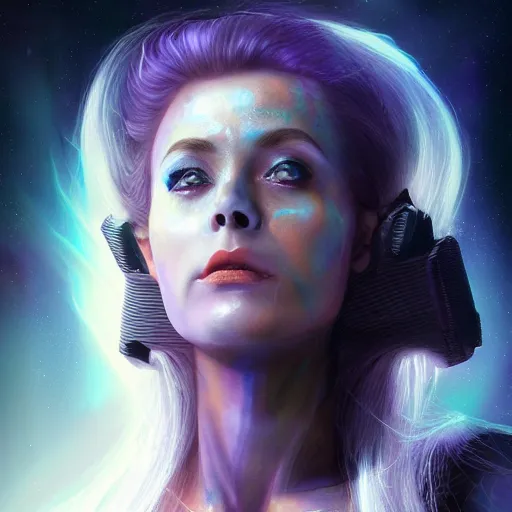 Image similar to celestial goddess facial portrait, legendary epic shot, 90s make-up, galaxy space hunter, cyber implants, wires, low angle, dawn, by artgerm, julie bell, beeple and Greg Rutkowski, airbrush, science fantasy, 90s, concept art, realistic matte painting, Smooth gradients, octane render, 8k, High contrast, duo tone, depth of field, volumetric lightning, very coherent, symmetrical, skin pore detail