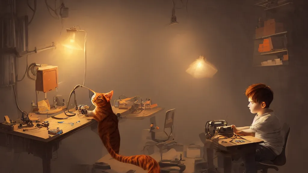 Prompt: a boy with brown hair seated with his back to us and is soldering on a desk with electronic parts with an orange tabby cat on the desk watching him, coherent, cinematic lighting, highly detailed, digital painting, artstation, concept art, sharp focus, illustration