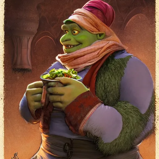 Image similar to shrek eating moroccan tagine, highly detailed, digital painting, artstation, concept art, smooth, sharp focus, illustration, art by artgerm and greg rutkowski and alphonse mucha