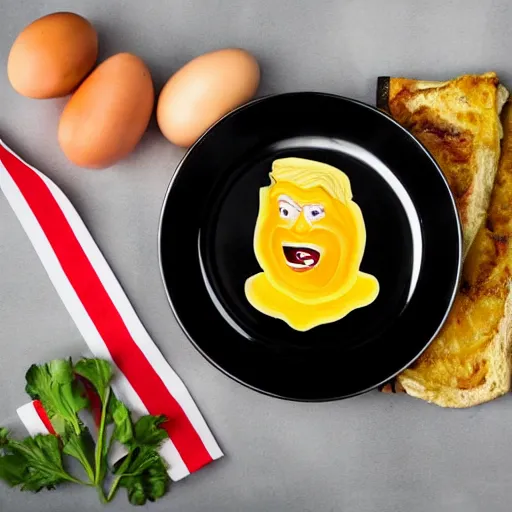 Image similar to Donald Trump anthropomorphic omelette, food photography