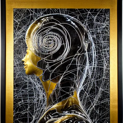 Image similar to chinese abstract sculpture of beautiful female face silhouette and black swirling liquifying acrylic portrait, volumetric light, highly detailed, mechanical superstructure, sacred geometry, glowing edges, sad, hurt, beautiful light, statue of carving marble, dark colors, dark mood, cinematic light, golden spirals, clockwork, art by camille corot, andy warhol, zeng fanzhi