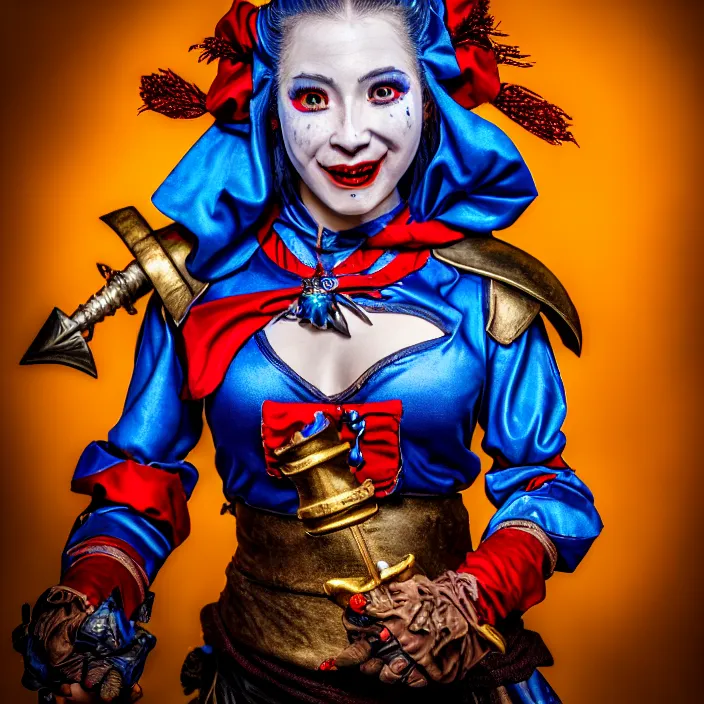 Prompt: photo of a real - life cute beautiful female jester warrior, 8 k, hdr, smooth, sharp focus, high resolution, award - winning photo