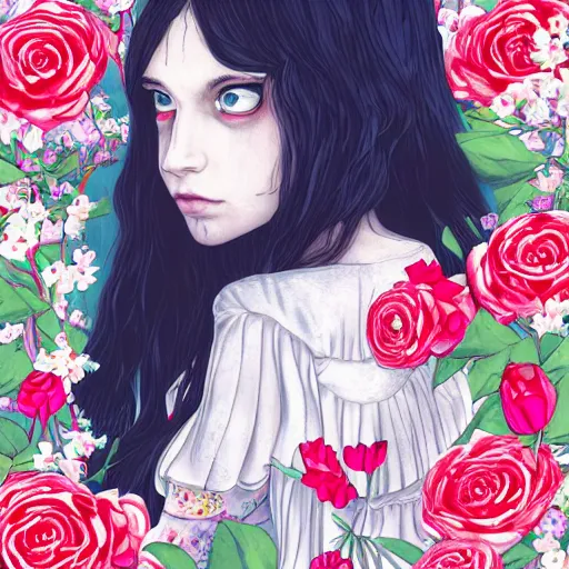 Image similar to Alice in Wonderland at the tea party, she looks like a mix of grimes, Aurora Aksnes and zoë Kravitz, sweet and innocent, surrounded by red and white roses, digital illustration, inspired by Aeon Flux and Japanese shoujo manga, hyper detailed, dreamlike, incredibly ethereal, super photorealistic, muted and pastel shades, extremely fine inking lines