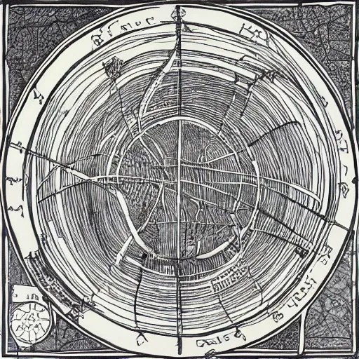 Prompt: The map is covered in intricate drawings and symbols that appear to depict the flow of some sort of energy or substance. The center of the map is dominated by a large spiral, with lines emanating out from it in all directions. There are three main sections to the map: the left side, the right side, and the middle. The left side appears to be a series of interconnected chambers, while the right side is a series of mazes. The middle section is a series of interlocking gears.