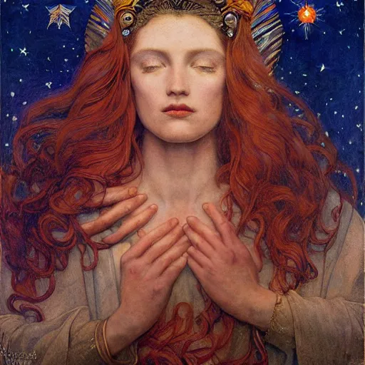 Prompt: queen of the moon with stars in her hair, by annie swynnerton and tino rodriguez and nicholas roerich and jean delville and donato giancola and tom bagshaw and evelyn demorgan and diego rivera, dramatic lighting, god rays, geometric tattoos, rich colors, smooth sharp focus, extremely detailed, adolf wolfli