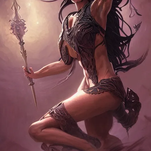 Image similar to Female Dark Elf casting a spell in a dynamic pose, D&D, fantasy, intricate, elegant, highly detailed, digital painting, artstation, concept art, matte, sharp focus, illustration, Arcane, art by Artgerm and Greg Rutkowski and Alphonse Mucha