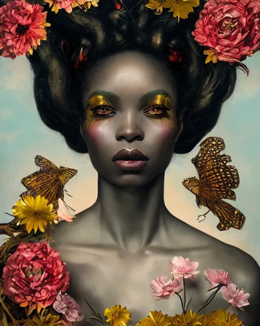 Prompt: portrait of the africo - american queen of the underworld, surrounded by flowers by karol bak, james jean, tom bagshaw, rococo, sharp focus, trending on artstation, cinematic lighting, hyper realism, octane render, 8 k, hyper detailed.