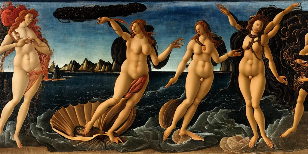 Image similar to Botticelli Venus as a Black woman rising from the sea on a shell, accurate face