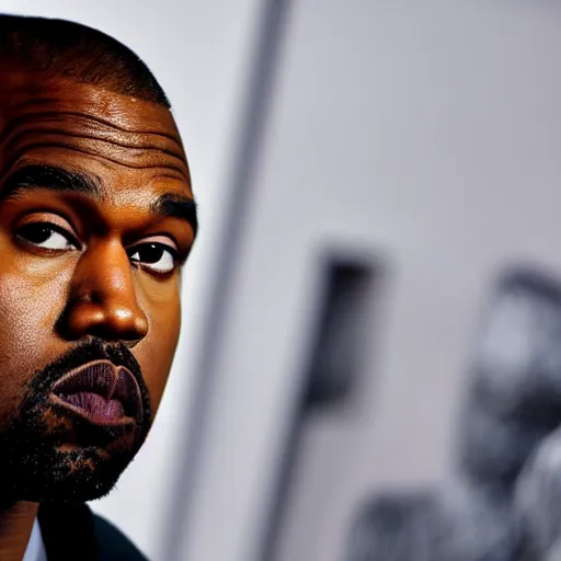 Prompt: kayne west starring at the camera, neutral face, wide, low quality close up