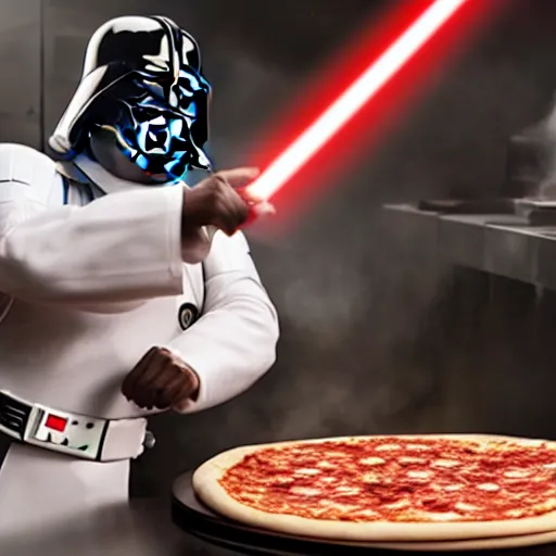Image similar to A still of a Darth Vader making a pizza in Masterchef, 4k, photograph, ultra realistic, highly detailed, professional lighting