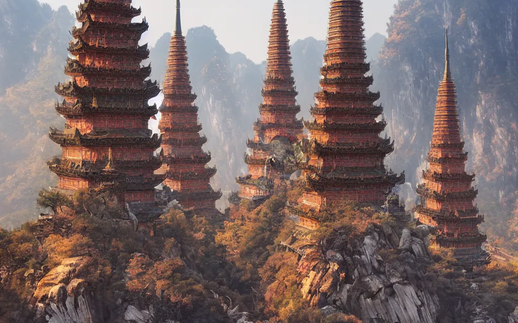 Image similar to twin chinese buddhist pagodas made of stone in a beautiful chinese landscape by anato finnstark, by alena aenami, by john harris, by ross tran, by wlop, by andreas rocha,