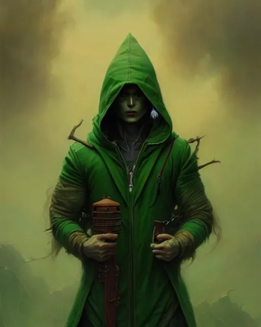 Prompt: portrait Green hooded jacket coat Beefy muscular fit Hunter elf, long-haired By greg rutkowski, tom bagshaw, beksinski