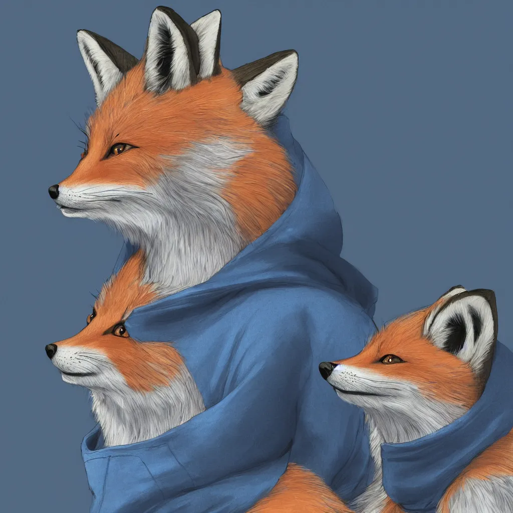 Image similar to a closeup profile shot of an anthropomorphic fox in a blue hoodie sitting in front of the computer, dark tones, concept art, digital art, highly detailed, anime, by hayao miyazaki