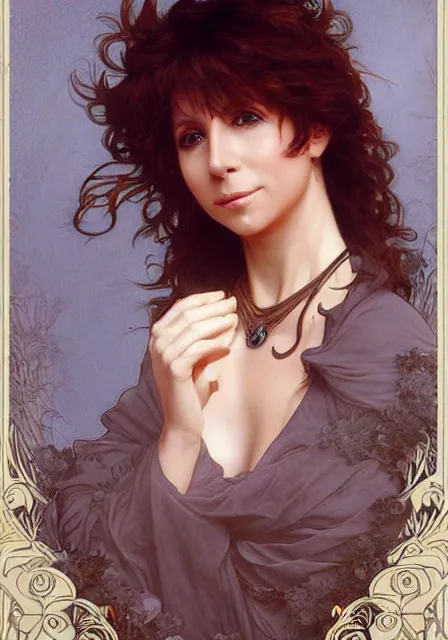 Image similar to french singer mylene farmer, intricate, elegant, highly detailed, digital painting, artstation, concept art, smooth, sharp focus, illustration, art by artgerm and greg rutkowski and alphonse mucha and william - adolphe bouguereau