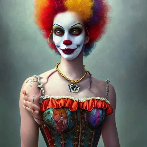 Image similar to photorealistic soft paint of a curiosities carnival, single young beautiful clown dollpunk in a full steampunk corset snakes haircut, symmetry accurate features, ominous depths, elegance, focus, rainbow lighting, very high details, award winning masterpiece, behance, by tom bagshaw