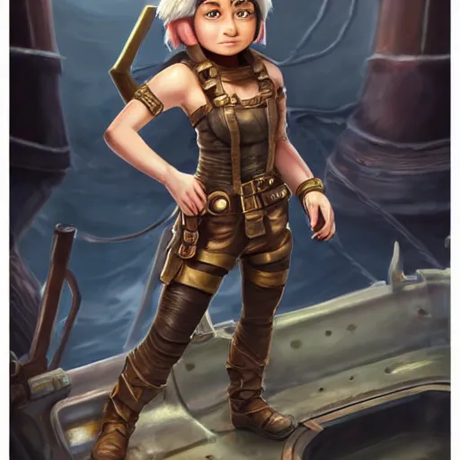 Image similar to full body portrait of a scrappy female gnome engineer with pixie undercut hair and one prosthetic metal gauntlet arm, standing on a ship deck, naval background, fantasy, D&D, full body portrait, highly detailed, digital painting, HD, trending on ArtStation, dark fantasy, great composition, concept art, matte, sharp focus, illustration, art by artgerm and greg rutkowski