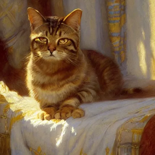 Image similar to detailed portrait of garfield the cat in royal palace, spring light, painting by gaston bussiere, craig mullins, j. c. leyendecker