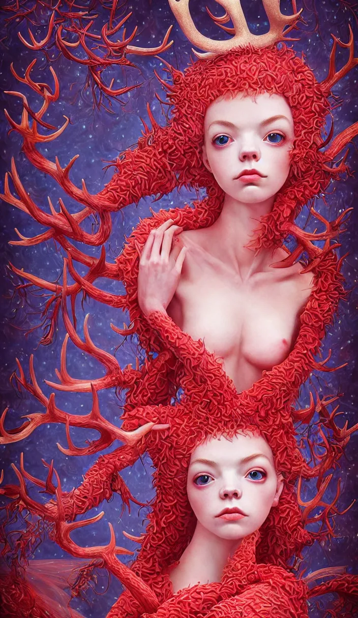 Image similar to hyper detailed 3d render like a Oil painting - kawaii full body portrait Aurora (a lithe beautiful ferret queen like skesis that looks like Anya Taylor-Joy with hooves and antlers) seen red carpet photoshoot in UVIVF posing in scaly dress to Eat of the Strangling network of yellowcake aerochrome and milky Fruit and His delicate Hands hold of gossamer polyp blossoms bring iridescent fungal flowers whose spores black the foolish stars by Jacek Yerka, Ilya Kuvshinov, Mariusz Lewandowski, Houdini algorithmic generative render, Abstract brush strokes, Masterpiece, Edward Hopper and James Gilleard, Zdzislaw Beksinski, Mark Ryden, Wolfgang Lettl, hints of Yayoi Kasuma, octane render, 8k