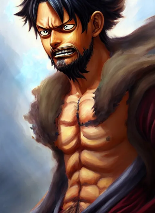 Image similar to luffy as _ fantasy _ style _ portrait _ painting _ of middle eastern male brown wavy hair beard, rpg dnd oil _ painting _ unreal _ 5 _ daz. _ rpg _ portrait _ extremely _ detailed _ artgerm _ greg _ rutkowski _ greg