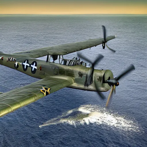 Prompt: pby-5 catalina flying, hunting a german u-boat, Second World War, highly detailed, 4k, smooth, HDR, digital art