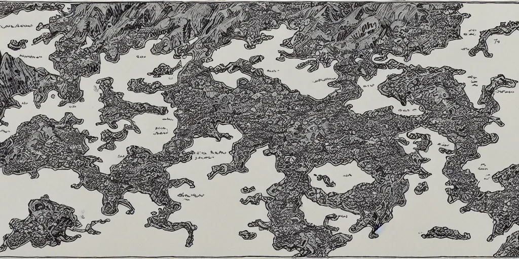 Prompt: a detailed and intricate illustration of a fantasy world map by moebius, frazetta, zabrocki, ghibli, miura