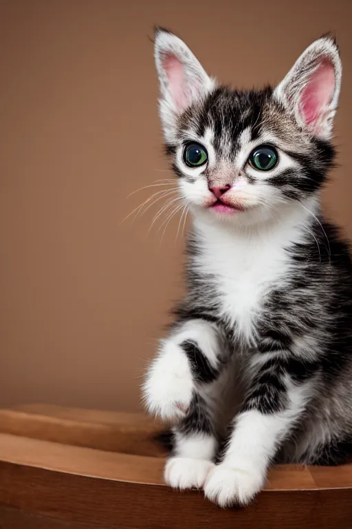 Image similar to 8K UHD kitten with floppy ears, animal portrait photo, 105 mm lens, medium full shot