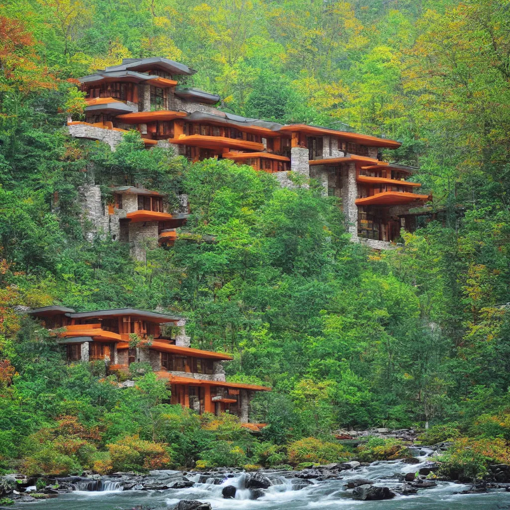 Image similar to green spring mountain athmosphere with beautiful forest permeated by a magical river showing a multistory house in the architect style of frank loyd wright made out of natural stone bricks from the distance with mythical european mountains in the background, artstudio, colorful in the art style of kerry milligan