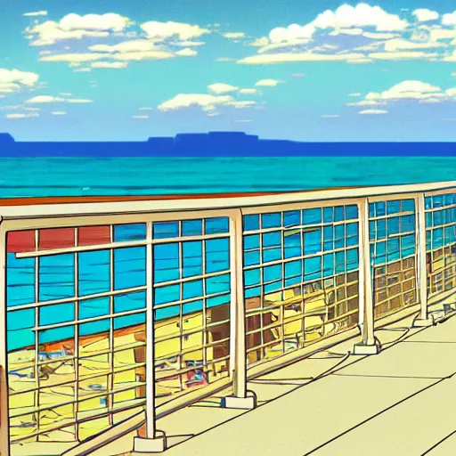 Prompt: oceanfront walkway, futuristic city, colorful city, curved railing, long railing, shining sea, cel - shading, 2 0 0 1 anime, cel - shaded, bright sunshine, colorful buildings