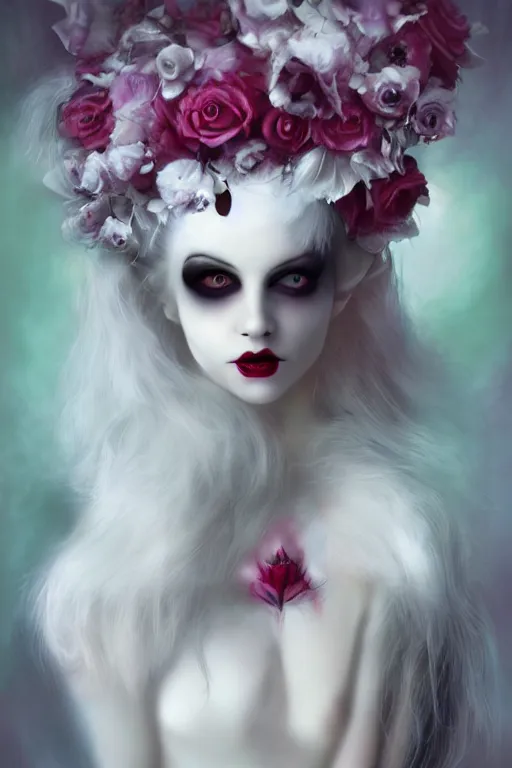 Image similar to vampire white fox, flowerpunk, painterly, by Natalie Shau