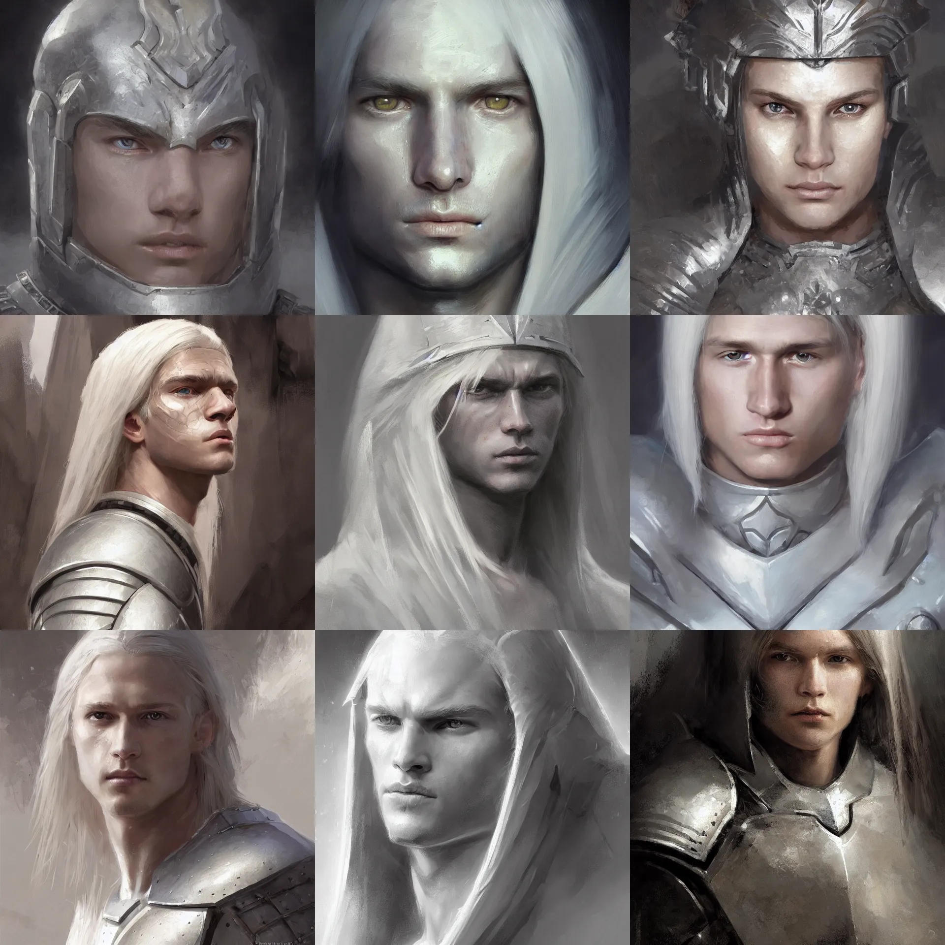 Prompt: digital art painting of young bjorn andresen, feminine face, white long straight hair, wearing a white silver armor dnd portrit painted by craig mullins and gaston bussiere and greg rutkowski, symmetrical face, defined facial features, symmetrical facial features, dramatic lighting