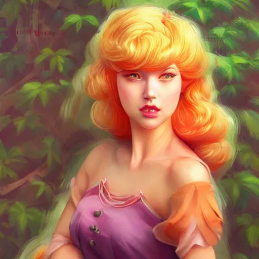 Prompt: a beautiful scenic painting of a beautiful young woman that looks like princess peach by artgerm and wlop and wes anderson and spike jonze