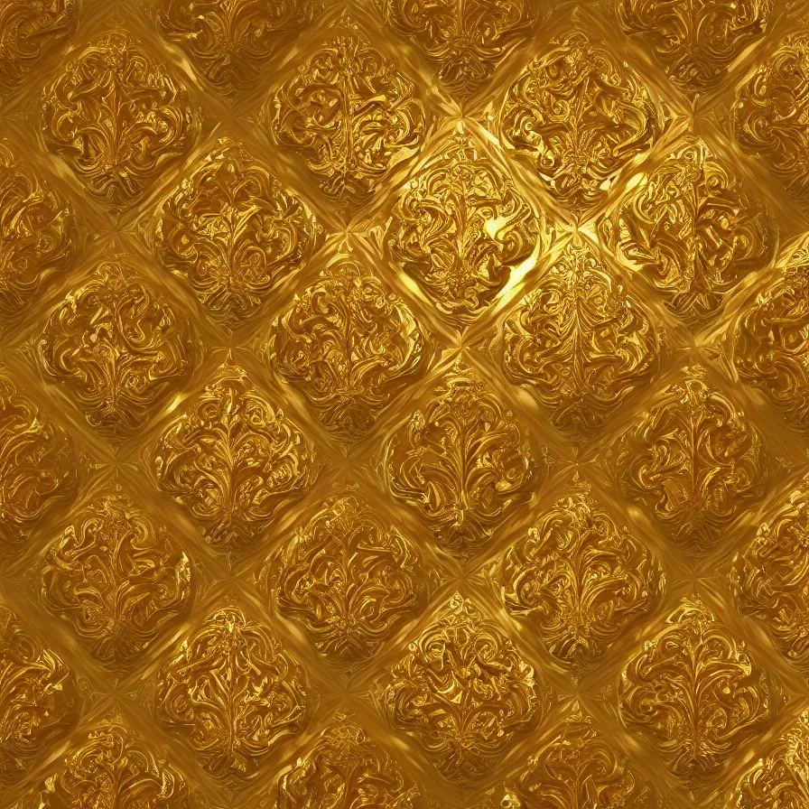 Image similar to subsurface scattering, seamless 3 d baroque gold pattern, beautiful dynamic shadows, gold and pearls, symmetrical, rococo elements, damask, artstation, versace pattern, concept design art, octane render, 8 k