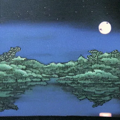 Image similar to a moonlit lake. by yoshitaka amano.