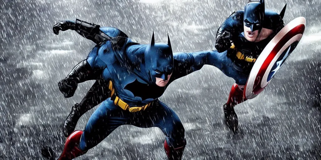 Image similar to a mid shot of batman fighting captain america in hand to hand combat, realistic, raining