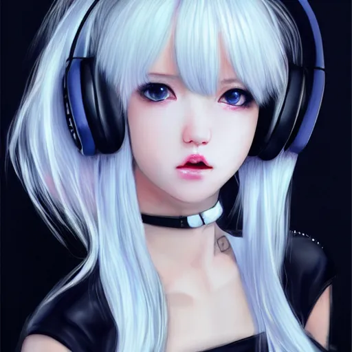 Image similar to realistic teasing detailed semirealism beautiful gorgeous cute Blackpink Lalisa Manoban white hair white cat ears blue eyes, wearing black camisole outfit, headphones, black leather choker full HD 4K high resolution quality WLOP, Aztodio, Taejune Kim, Guweiz, Pixiv, Instagram, Artstation