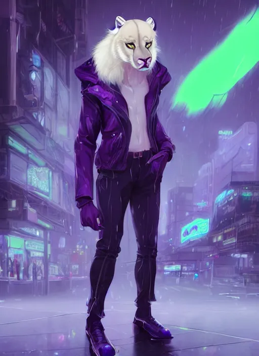 Image similar to award winning beautiful portrait commission of a male furry anthro albino mountain lion fursona with a tail and a cute beautiful attractive detailed furry face wearing stylish cyberpunk clothes in a cyberpunk city at night while it rains. Purple and Yellow neon light. Character design by charlie bowater, ross tran, artgerm, and makoto shinkai, detailed, inked, western comic book art