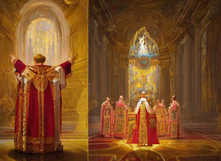 Prompt: worship of the pope, royal robe, gold trim, light effect, hyper detailed, intricate, atmospheric, elegant, photorealistic by paul lehr, marco mazzoni, featured on cgsociety, rococo, whimsical, artstation