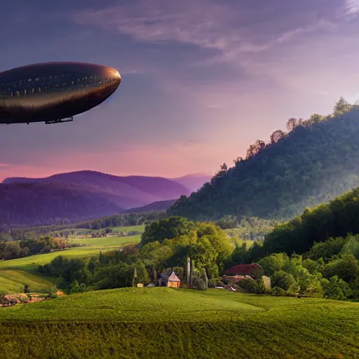 Image similar to Vast verdant valley surrounded by Transylvanian mountains, with a large zeppelin hovering in the foreground, and a ruined medieval castle on the hillside in the background. Late evening light, gloomy weather. Hyperrealistic, high quality, sharp, photography.