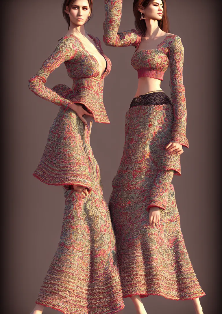 Image similar to cloths on mexican style, high detailed intricate fashion clothing, cotton texture, silk colors, ultra realistic, octane render, volumetric lights, long, wide skirts, loose - fitting blouses, elaborate hairstyles, and intricate embroidery, female cloths