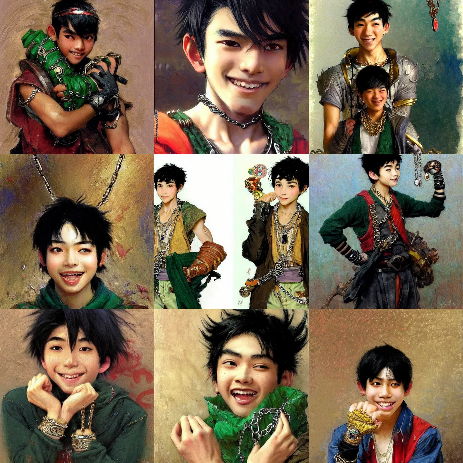 Prompt: an asian teenage boy with black hair and green eyes dressed as a demigod with fingerless gloves, pendants, chains and jewelry and a big smile and friendly demeanor. Concept art. Trending on Artstation. By Ilya Repin, Ayami Kojima Norman Rockwell.