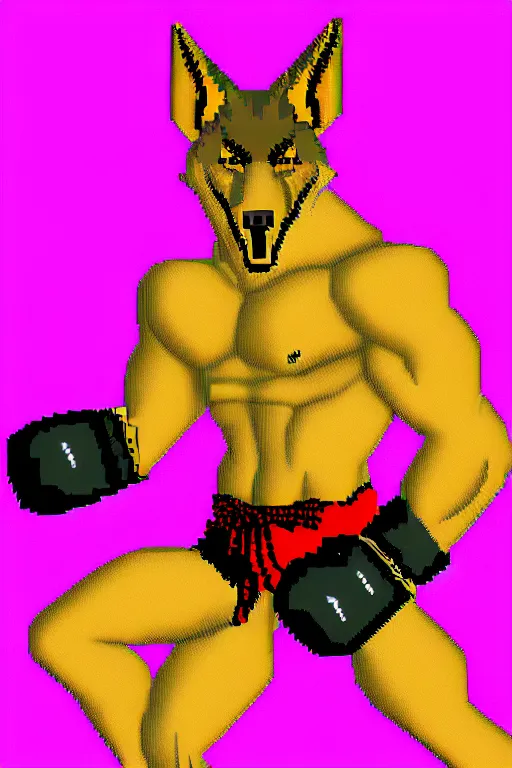 Image similar to full body shot antropomorphic muscular masculine wolf. kickboxer. wolf head. furr on body. 8 bit nes graphics. 1 6 color palitre. vaporwave futuristic 8 0's